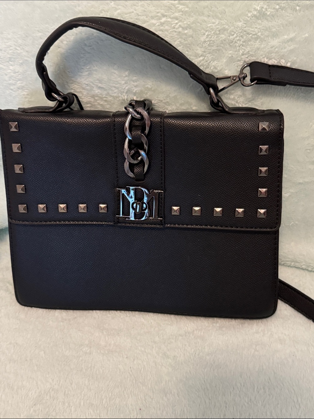 Badgley Mischka Black Studded Top-Handle Satchel with Chain Detail